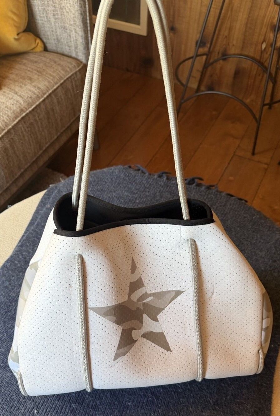 Haute Shore Greyson Neoprene Tote Expandable Bag Grey White Blk. Camouflage Star